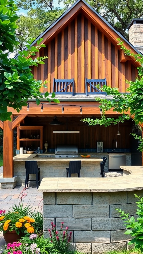 A rustic barbecue house featuring a built-in grill, stone countertops, and seating area surrounded by greenery.